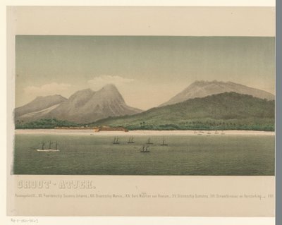 Utsikt over kysten av Greater Aceh, med flåten til den første Aceh-ekspedisjonen utenfor kysten, tredje del De roadstead of Greater Aceh (tittel på objekt) av C.A. Whitten