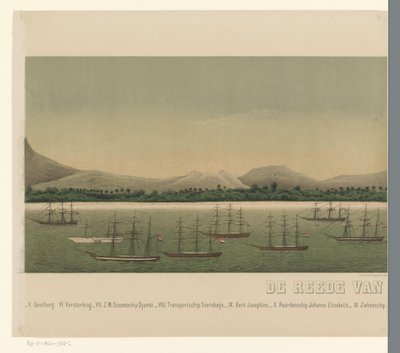 Utsikt over kysten av Greater Aceh, med flåten til den første Aceh-ekspedisjonen utenfor kysten, del to The Greater Aceh Road (tittel på objekt) av C.A. Whitten