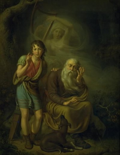 Ossian og Alpins sønn hører ånden til Malvina som berører harpen. Illustrerer Ossians svanesang av C.G. Kratzenstein Stub