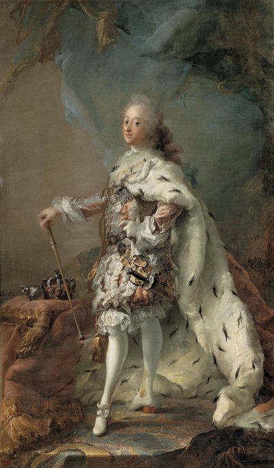 Portrett av Frederik V i salvekappe av C.G. Pilo