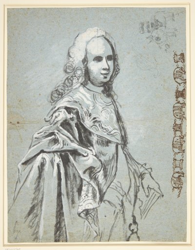 Studie til et portræt, formentlig af A. G. Moltke; til højre på bladet studie til Elefantridderordenens kæde   1267946   no       norwegian Successfully Translated  Original: The Actor Ichikawa Yaozo III Holding a Red Fan, 1794. Translat: The Actor Ichikaw av C.G. Pilo