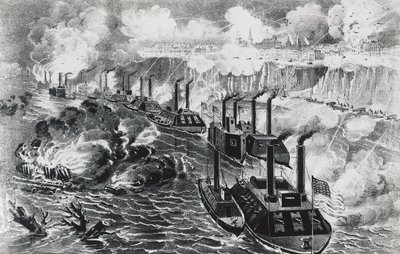 Admiral David Dixon Porters flåte kjører opprørsblokade på Mississippi ved Vicksburg, 16. april av J.B. and Brown J. Rowbotham