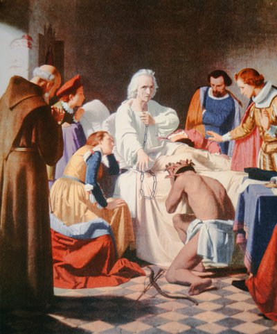 Columbus på dødsleie, med lenkene han kom tilbake i fra sin tredje reise (farge litho) av J.B. and Brown J. Rowbotham