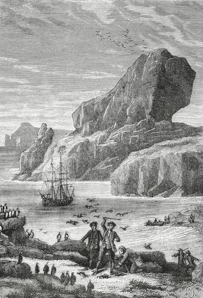 Oppdagelsen av Austral-Frankrike (Kerguelen-øyene) av den franske oppdageren Yves-Joseph de Kerguelen-Tremarec (1734-1797), februar 1772, gravering, Det indiske hav, territoriet til franske sørlige og antarktiske land av J.B. and Brown J. Rowbotham