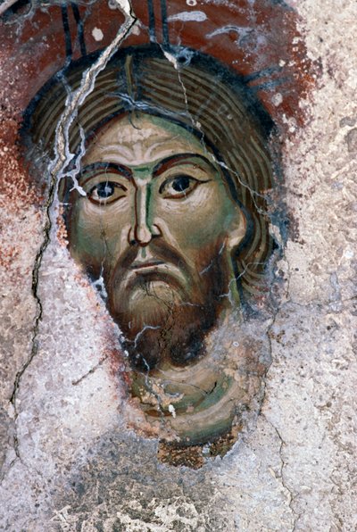 Kristi ansikt, detalj fra freskomaleri i kirken Agios Georgios, Mourne, Kreta, Hellas (bilde) av J.B. and Brown J. Rowbotham