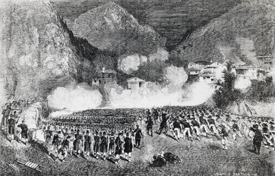 General Giacomo Medicis divisjon angriper Levico Terme, Trentino-Alto Adige, juli 1866, tredje uavhengighetskrig, gravering, Italia av J.B. and Brown J. Rowbotham