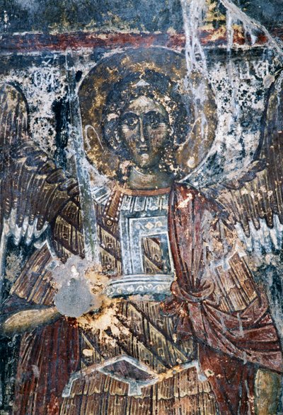 Hest, skadet freskomaleri i taket til kirken Agios Vasileios, Vavouledo, Kreta, Hellas (bilde) av J.B. and Brown J. Rowbotham