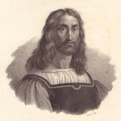 Portrett av den italienske gravøren Marcantonio Raimondi (1480-1534), kobberstikk av Barni fra maleri av Raffaello Sanzio av J.B. and Brown J. Rowbotham
