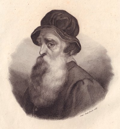 Portrett av italiensk billedhugger og gullsmed Benvenuto Cellini (1500-1571), kobberstikk av Caterina Piotti-Pirola fra maleri av Giorgio Vasari av J.B. and Brown J. Rowbotham