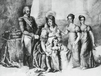 Portrett av Victor Emmanuel I, konge av Sardinia og hertug av Savoy, Piemonte og Aosta, med sin kone Maria Theresa av Østerrike-Este og døtrene hans, Maria Teresa av Savoy (1803-1879), Maria Anna av Savoy og Maria Cristina av Savoy , gravering av J.B. and Brown J. Rowbotham