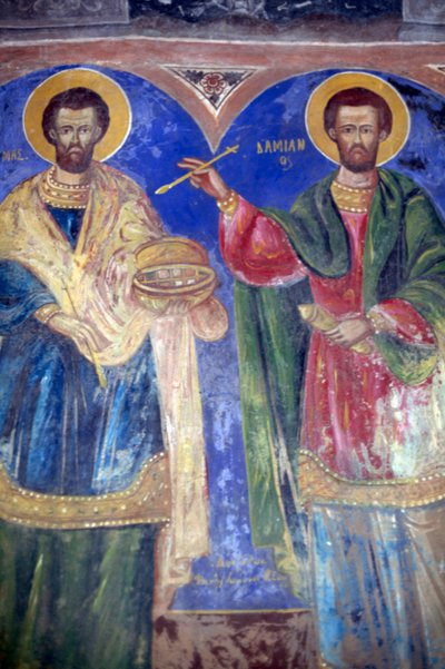 Saints Cosmas og Damian, klosteret Megalo Sotiris, Symi-øya, Hellas (bilde) av J.B. and Brown J. Rowbotham