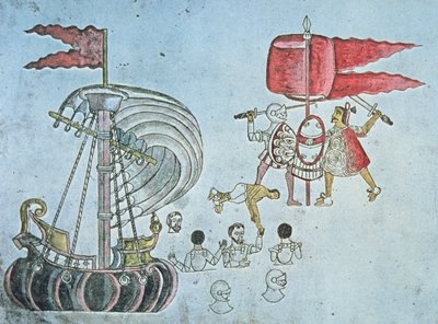 Spanske soldater fra Hernan Cortes vasser i land i 1519 for å kjempe mot aztekerne, kopiert fra Codex Azcatitlan, ca. 1550 (farge litho) av J.B. and Brown J. Rowbotham