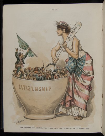 Assimilasjonens morter - And the One Element That Wont Mix, illustrasjon fra Puck Magazine, 26. juni, 1889 av C.J. Taylor