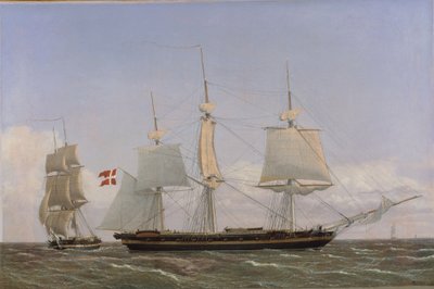 En dansk korvette legger seg til for å konferere med en dansk brigg: Scenen blir satt i vestindiske farvann av Christoffer Wilhelm Eckersberg