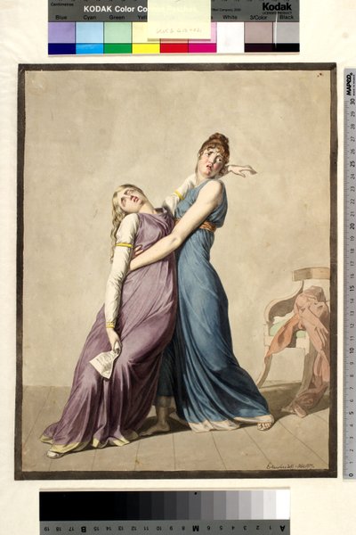 En kvinne støtter en annen kvinne, som har besvimt etter å ha lest et brev av Christoffer Wilhelm Eckersberg