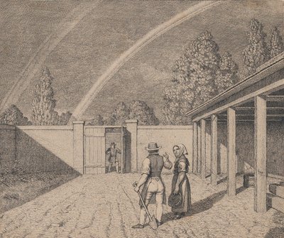 Et par samtaler i en stallgård, med en dobbel regnbue over hodet, fra 