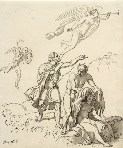 Allegorisk komposisjon; et par unge menn med eselører og en sittende naken kvinne, i bakgrunnen flytende tid og fauna av Christoffer Wilhelm Eckersberg