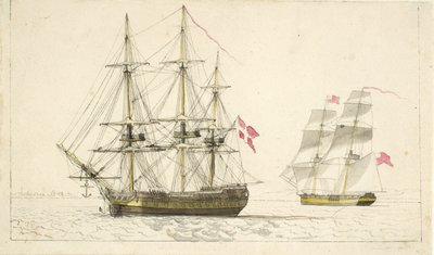 En dansk fregatt for anker og en engelsk brigg under seil av Christoffer Wilhelm Eckersberg
