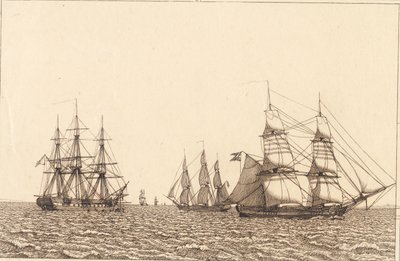 En fregatt ligger for anker. Illustrasjon for "Lineært perspektiv", Plate IXb av Christoffer Wilhelm Eckersberg