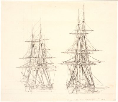 En korvett og en brigg for anker. av Christoffer Wilhelm Eckersberg