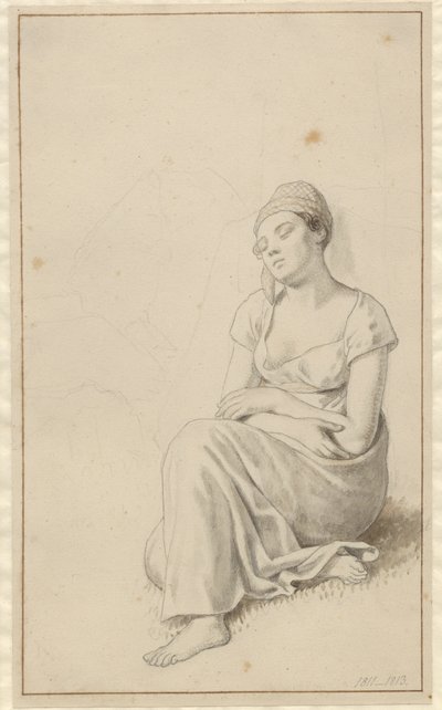 En kvinne lener seg mot en steinblokk og sover. av Christoffer Wilhelm Eckersberg