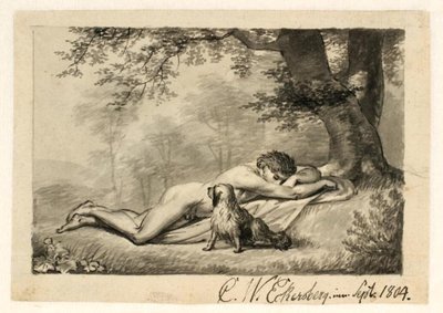 En naken ung mann som ligger og sover ved foten av et tre, ved hans side en hund av Christoffer Wilhelm Eckersberg