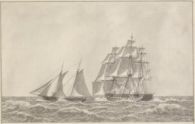 En skonnert som unnslipper en forfølgende fregatt av Christoffer Wilhelm Eckersberg