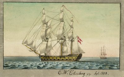 Et dansk krigsskip under seil, sett fra lesiden av Christoffer Wilhelm Eckersberg