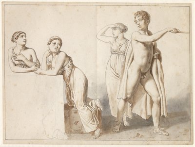 Fire studiefigurer, tre kvinnelige og en mann i antikke kostymer. av Christoffer Wilhelm Eckersberg