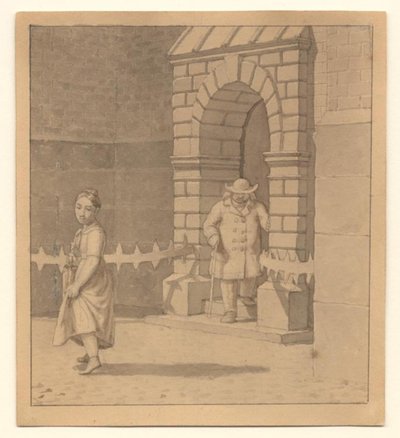 Gatebilde med en ung jente som løfter kjolen litt; i bakgrunnen en eldre mann med stokk av Christoffer Wilhelm Eckersberg