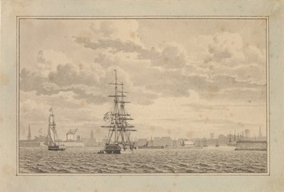 København sett fra Yderhavnen med en brigg for anker og en seilsluppe. av Christoffer Wilhelm Eckersberg