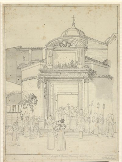 Kirken står. Cosmos og Sta. Damians (Romolus og Remus Temple) med munker i prosesjon som kommer ut av kirkedøren. av Christoffer Wilhelm Eckersberg