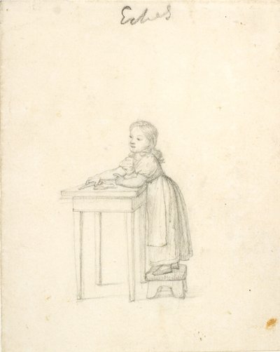 Liten jente står på en krakk ved et bord av Christoffer Wilhelm Eckersberg