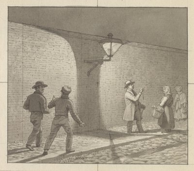 Lineært perspektiv brukt på malerkunsten, Plate VIII, fig. 1 - Natttrafikk under gatelykten. av Christoffer Wilhelm Eckersberg