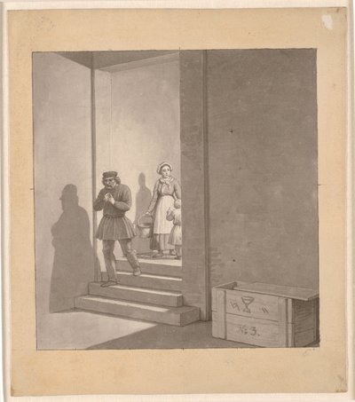 Mann på vei ned trappene, i bakgrunnen kvinne og barn av Christoffer Wilhelm Eckersberg