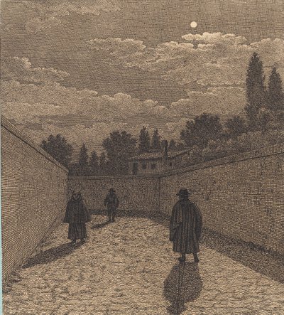 Måneskinn over en vei med tre figurer. Illustrasjon for "Lineært perspektiv", Plate IV av Christoffer Wilhelm Eckersberg