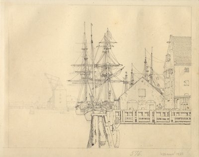 Lott fra et av verftene på Christianshavn, Matekran i bakgrunnen. av Christoffer Wilhelm Eckersberg