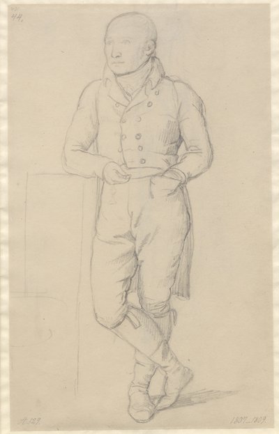 Portrett av en stående mann, bena i kors, lent mot en sofa av Christoffer Wilhelm Eckersberg