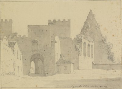 Prospekt av Porta S.Paolo og Piramide di Caio Cestio sett fra bysiden, Roma. av Christoffer Wilhelm Eckersberg