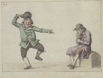 Satirisk magasin; en mann hopper og ler mens han peker på en sittende gammel mann av Christoffer Wilhelm Eckersberg