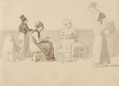 Scene fra en gård eller brygge i Paris. Fire sittende, stående og gående figurer. av Christoffer Wilhelm Eckersberg
