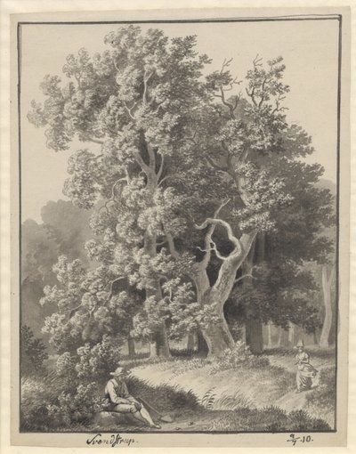 Skogmark ved Svendstrup med et par figurer, foran en sittende mann med spade av Christoffer Wilhelm Eckersberg