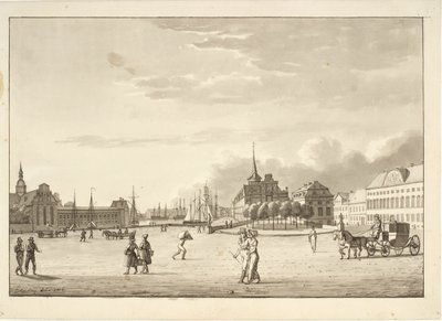 Slottsplassen i København med Holmens kirke, Børsen, den nå forsvunne bank- og kansellibygningen ("Den røde bygning") av Christoffer Wilhelm Eckersberg