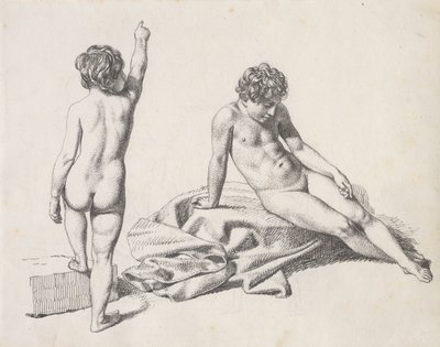 To nakne små jenter, den ene sitter sett forfra, den andre står sett bakfra av Christoffer Wilhelm Eckersberg