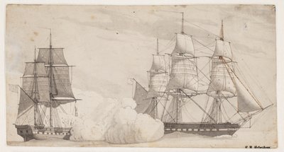 To krigsskip i kamp (den engelske fregatten Shannon og den amerikanske fregatten Chesapeak?) av Christoffer Wilhelm Eckersberg