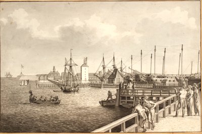 Utsikt fra Langelinie mot Nyholm, t.h. leien av flåten av Christoffer Wilhelm Eckersberg