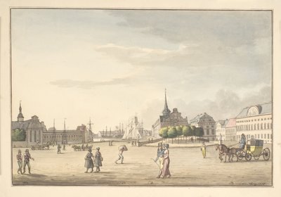 Utsikt fra Slotspladsen mot Børsen og banken av Christoffer Wilhelm Eckersberg