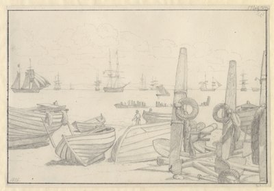 Utsikt fra stranden sør for Helsingør mot vaktskipet, briggen «Falster». av Christoffer Wilhelm Eckersberg