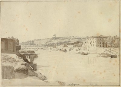 Utsikt over Tiberen mot Porto di Ripa Grande og Porta Portese sett fra bredden under Monte Aventino, Roma. av Christoffer Wilhelm Eckersberg