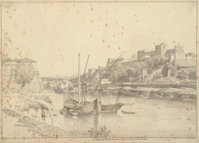 Utsikt over Tiberen ved Porto di Ripa Grande utenfor Porta Portese mot Marmorata og kirkene i Monte Aventino, Roma av Christoffer Wilhelm Eckersberg